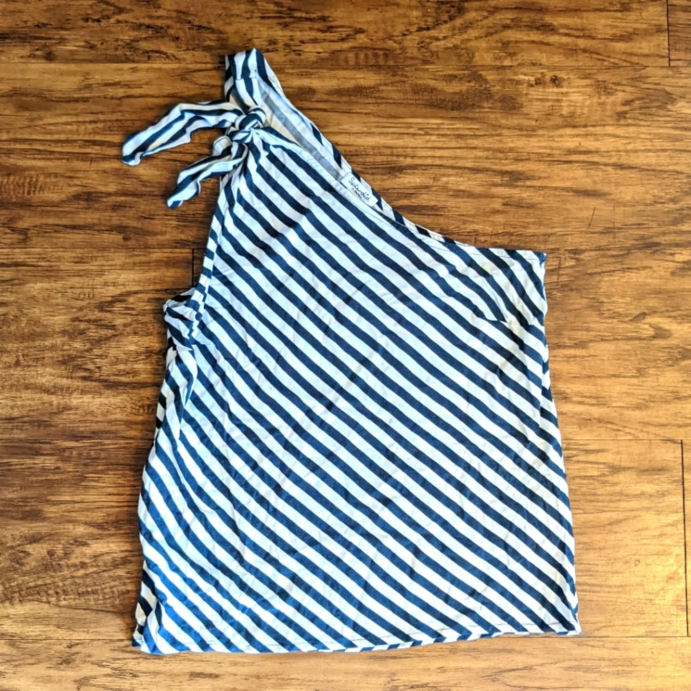 Splendid One shoulder Tie Top Navy Blue and white